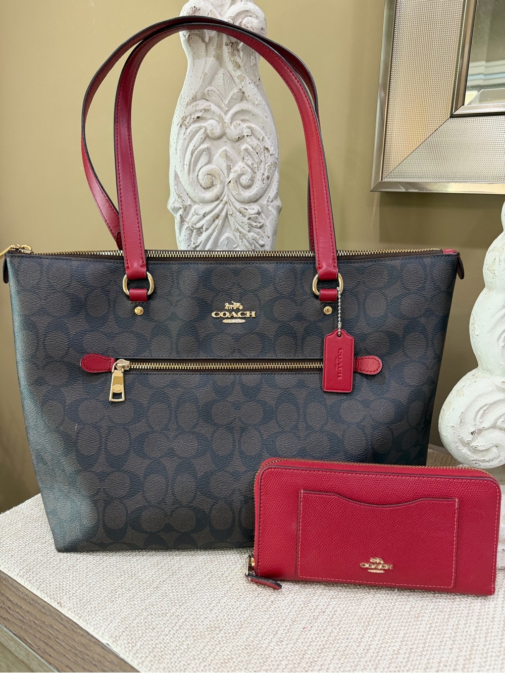 Coach Brown Signature Tote with Red Leather Handles and Matching Red Wallet